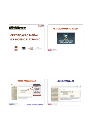 PETICIONAMENTO TJ/RJ




COMO PETICIONAR                            LOGIN REALIZADO




       Serviços < Processo Eletrônico
 