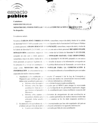 Petición de información al MINCI sobre proceso de acreditación de prensa extranjera