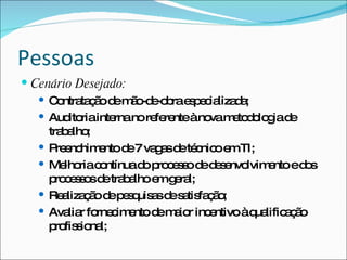 Pessoas
 Cenário Desejado:
    C ntra ç od m o e b e p c liza a
       o ta ã e ã -d -o ra s e ia d ;
    Aud riainte nore re àno m to o g d
          ito    rna     fe nte   va e d lo ia e
     tra a ;
        b lho
    P e him ntod 7 va a d té nic e TI;
       re nc e      e    gs e c o m
    Me riac ntínuad p c s od d s nvo
         lho   o       o ro e s e e e lvim ntoed s
                                           e     o
     p c s o d tra a e g ra
       ro e s s e b lho m e l;
    Re liza ã d p s uis sd s tis ç o
        a ç o e e q a e a fa ã ;
    Ava r fo c e d m io inc ntivoàq lific ç o
          lia rne im nto e a r e        ua a ã
     p fis io l;
       ro s na
 