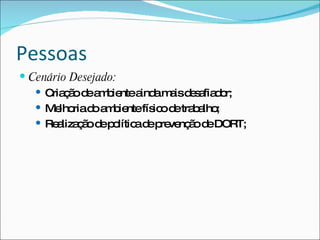 Pessoas
 Cenário Desejado:
    C ç od a b ntea am isd s fia o
      ria ã e m ie       ind a e a d r;
    Me riad a b ntefís od tra a ;
        lho    o m ie       ic e b lho
    Re liza ã d p lític d p ve ã d DORT;
       a ç o e o a e re nç o e
 
