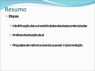 Resumo
 Eta a :
     ps

   Id ntific ç o d svulne b a e d sá a c nte p d s
      e      aã a         ra ilid d s a re s o m la a

   Aná ed s ç o a l
       lis a itua ã tua


   P p s sd m lho vis nd s re l im le e ç o
     ro o ta e e ria a o ua a p m nta ã
 