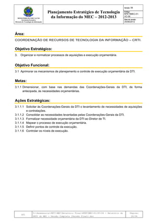MINISTÉRIO DA EDUCAÇÃO
Secretaria-Executiva
Diretoria de Tecnologia da Informação
Planejamento Estratégico de Tecnologia
da Informação do MEC – 2012-2013
Versão: 06
Código:
RPETIMEC-01-
VC-06
Data de versão:
25/06/2012
DTI
Y:AssessoriaPETIMECRelatório FinalRPETIMEC-01-VC-06 - Relatório do
PETI do MEC - Versão Completa (Versão Final).doc
Página:
20/34
Área:
COORDENAÇÃO DE RECURSOS DE TECNOLOGIA DA INFORMAÇÃO – CRTI.
Objetivo Estratégico:
3. Organizar e normatizar processos de aquisições e execução orçamentária.
Objetivo Funcional:
3.1 Aprimorar os mecanismos de planejamento e controle de execução orçamentária da DTI.
Metas:
3.1.1 Dimensionar, com base nas demandas das Coordenações-Gerais da DTI, de forma
antecipada, às necessidades orçamentárias.
Ações Estratégicas:
3.1.1.1 Solicitar às Coordenações-Gerais da DTI o levantamento de necessidades de aquisições
e contratações.
3.1.1.2 Consolidar as necessidades levantadas pelas Coordenações-Gerais da DTI.
3.1.1.3 Formalizar necessidade orçamentária da DTI ao Diretor de TI.
3.1.1.4 Mapear o processo de execução orçamentária.
3.1.1.5 Definir pontos de controle da execução.
3.1.1.6 Controlar os níveis de execução.
 