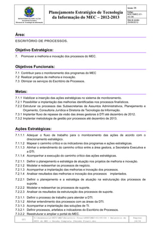 MINISTÉRIO DA EDUCAÇÃO
Secretaria-Executiva
Diretoria de Tecnologia da Informação
Planejamento Estratégico de Tecnologia
da Informação do MEC – 2012-2013
Versão: 06
Código:
RPETIMEC-01-
VC-06
Data de versão:
25/06/2012
DTI
Y:AssessoriaPETIMECRelatório FinalRPETIMEC-01-VC-06 - Relatório do
PETI do MEC - Versão Completa (Versão Final).doc
Página:
24/34
Área:
ESCRITÓRIO DE PROCESSOS.
Objetivo Estratégico:
7. Promover a melhoria e inovação dos processos do MEC.
Objetivos Funcionais:
7.1 Contribuir para o monitoramento dos programas do MEC
7.2 Realizar projetos de melhoria e inovação.
7.3 Otimizar os serviços do Escritório de Processos.
Metas:
7.1.1 Viabilizar a inserção das ações estratégicas no sistema de monitoramento.
7.2.1 Possibilitar a implantação das melhorias identificadas nos processos finalísticos.
7.2.2 Estruturar os processos das Subsecretarias de Assuntos Administrativos, Planejamento e
Orçamento, Consultoria Jurídica e Diretoria de Tecnologia da Informação.
7.3.1 Implantar fluxo de repasse da visão das áreas gestoras à DTI até dezembro de 2012.
7.3.2 Implantar metodologia de gestão por processos até dezembro de 2013.
Ações Estratégicas:
7.1.1.1 Adequar o fluxo de trabalho para o monitoramento das ações de acordo com o
direcionamento estratégico.
7.1.1.2 Mapear o caminho crítico e os indicadores dos programas e ações estratégicas.
7.1.1.3 Alinhar o entendimento do caminho crítico entre a área gestora, a Secretaria Executiva e
a DTI.
7.1.1.4 Acompanhar a execução do caminho crítico das ações estratégicas.
7.2.1.1 Definir o planejamento e estratégia de atuação nos projetos de melhoria e inovação.
7.2.1.2 Modelar e redesenhar os processos de negócio.
7.2.1.3 Acompanhar a implantação das melhorias e inovação dos processos.
7.2.1.4 Analisar resultados das melhorias e inovação dos processos implantados.
7.2.2.1 Definir o planejamento e a estratégia de atuação na estruturação dos processos de
suporte.
7.2.2.2 Modelar e redesenhar os processos de suporte.
7.2.2.3 Analisar os resultados da estruturação dos processos de suporte.
7.3.1.1 Definir o processo de trabalho para atender a DTI.
7.3.1.2 Alinhar entendimento dos processos com as áreas da DTI.
7.3.1.3 Acompanhar a implantação das soluções de TI.
7.3.2.1 Definir processos, artefatos e indicadores do Escritório de Processos.
7.3.2.2 Reestruturar e ampliar o portal do MEC.
 