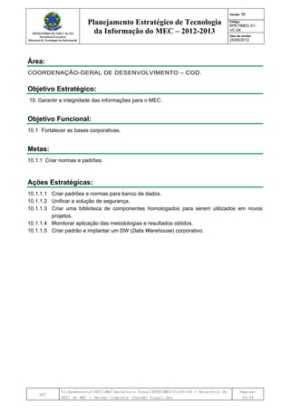 MINISTÉRIO DA EDUCAÇÃO
Secretaria-Executiva
Diretoria de Tecnologia da Informação
Planejamento Estratégico de Tecnologia
da Informação do MEC – 2012-2013
Versão: 06
Código:
RPETIMEC-01-
VC-06
Data de versão:
25/06/2012
DTI
Y:AssessoriaPETIMECRelatório FinalRPETIMEC-01-VC-06 - Relatório do
PETI do MEC - Versão Completa (Versão Final).doc
Página:
29/34
Área:
COORDENAÇÃO-GERAL DE DESENVOLVIMENTO – CGD.
Objetivo Estratégico:
10. Garantir a integridade das informações para o MEC.
Objetivo Funcional:
10.1 Fortalecer as bases corporativas.
Metas:
10.1.1 Criar normas e padrões.
Ações Estratégicas:
10.1.1.1 Criar padrões e normas para banco de dados.
10.1.1.2 Unificar a solução de segurança.
10.1.1.3 Criar uma biblioteca de componentes homologados para serem utilizados em novos
projetos.
10.1.1.4 Monitorar aplicação das metodologias e resultados obtidos.
10.1.1.5 Criar padrão e implantar um DW (Data Warehouse) corporativo.
 
