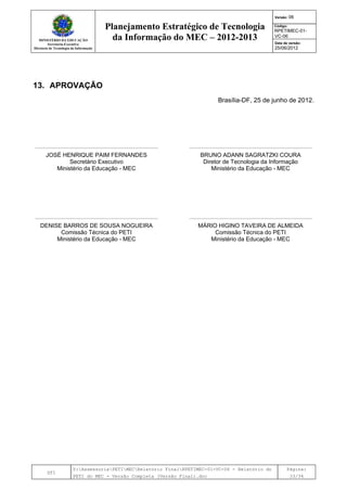 MINISTÉRIO DA EDUCAÇÃO
Secretaria-Executiva
Diretoria de Tecnologia da Informação
Planejamento Estratégico de Tecnologia
da Informação do MEC – 2012-2013
Versão: 06
Código:
RPETIMEC-01-
VC-06
Data de versão:
25/06/2012
DTI
Y:AssessoriaPETIMECRelatório FinalRPETIMEC-01-VC-06 - Relatório do
PETI do MEC - Versão Completa (Versão Final).doc
Página:
33/34
13. APROVAÇÃO
Brasília-DF, 25 de junho de 2012.
JOSÉ HENRIQUE PAIM FERNANDES
Secretário Executivo
Ministério da Educação - MEC
BRUNO ADANN SAGRATZKI COURA
Diretor de Tecnologia da Informação
Ministério da Educação - MEC
DENISE BARROS DE SOUSA NOGUEIRA
Comissão Técnica do PETI
Ministério da Educação - MEC
MÁRIO HIGINO TAVEIRA DE ALMEIDA
Comissão Técnica do PETI
Ministério da Educação - MEC
 