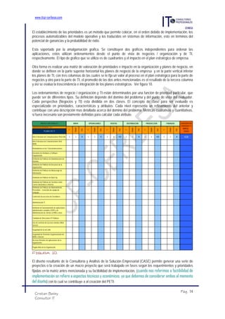 www.itcp-cerbesa.com


El establecimiento de las prioridades es un método que permite colocar, en el orden debido de implementación, los
procesos automatizables del modelo operativo y los traducidos en sistemas de información, esto en términos del
potencial de ganancias y la probabilidad de éxito.

Esta soportado por la amalgamación grafica. Se constituyen dos gráficos independientes para ordenar las
aplicaciones, estos utilizan ordenamientos desde el punto de vista de negocios / organización y de TI,
respectivamente. El tipo de grafico que se utiliza es de cuadrantes y el impacto en el plan estratégico de empresa.

Otra forma es realizar una matriz de valoración de prioridades e impacto en la organización y planes de negocio, en
donde se definen en la parte superior horizontal los planes de negocio de la empresa y en la parte vertical inferior
los planes de TI, con tres columnas de las cuales se le fija un valor al proceso en el plan estratégico para la parte de
negocios y otro para la parte de TI, el promedio de las dos antes mencionadas es el resultado de la tercera columna
y así se evalúa la trascendencia e integración de los planes estratégicos. Ver figura 10.

Los ordenamientos de negocio / organización y TI están determinados por una función de prioridad particular, que
puede ser de diferentes tipos. Su definición depende del domino del problema y del punto de vista del evaluador.
Cada perspectiva (Negocios y TI) esta dividida en dos clases. El concepto de clase para ser evaluado es
especializado en prioridades, características y atributos. Cada nivel representa un refinamiento del anterior y
contribuye con una descripción mas detallada acerca del domino del problema. Métricas cualitativas y cuantitativas,
si fuera necesario son previamente definidas para calcular cada atributo.

           AREAS FUNCIONALES                        RRHH                OPERACIONES                VENTAS               DISTRIBUCION               PRODUCCION                 FINANZAS             ALINEACION PLAN
                                                                                                                                                                                                   ESTRATEGICO TI Y
PUNTUACION PRIORIDAD 1 A 5
                                                                                                                                                                                                      EMPRESA -
                                                     EMPRESA




                                                                            EMPRESA




                                                                                                     EMPRESA




                                                                                                                            EMPRESA




                                                                                                                                                       EMPRESA




                                                                                                                                                                                 EMPRESA
                                                               TOTAL




                                                                                      TOTAL




                                                                                                               TOTAL




                                                                                                                                      TOTAL




                                                                                                                                                                 TOTAL




                                                                                                                                                                                           TOTAL
                                               TI




                                                                       TI




                                                                                              TI




                                                                                                                       TI




                                                                                                                                              TI




                                                                                                                                                                         TI
               PLANES DE TI                                                                                                                                                                            TOTALES

Infra Estructura de Comunicaciones Red LAN.    5       3        4      5      5        5      5        4       4.5     5      3        4      5          4       4.5     5         3        4           4.33
Infra Estructura de Comunicaciones Red
WAN.

Redundancia en las Telecomunicaciones.

Inventario de Hardware y Software
Organización.
Definición de Políticas de Administración de
Dominio.
Definición de Políticas de Recursos de la
organización.
Definición de Políticas de Almacenaje de
Información.

Definición de Políticas de Back Up.

Definición de Políticas de Servicios como
Correo Electrónico e Internet.
Definición de Políticas de Mantenimiento
Preventivo – Correctivo de equipo de
cómputo.

Control de Acceso área de Servidores.

Administración IT.

Definición de funcionamiento de aplicaciones
administrativo contables (ERP) y de
Administración de clientes (CRM) u otras.

Cantidad de Direcciones IP Publicas

Uso de servicios de accesos remotos (Web
Server)

Seguridad de la red LAN.

Seguridad de Perímetro Organizacional red
WAN e Internet.
Accesos Remotos de aplicaciones de la
organización.

Pagina Web de la Organización.


Figura 10.

El diseño resultante de la Consultoría y Análisis de la Solución Empresarial (CASE) permite generar una serie de
proyectos o la creación de un macro proyecto que será trabajado en fases según los requerimientos y prioridades
fijadas en la matriz antes mencionada y su factibilidad de implementación, (cuando nos referimos a factibilidad de
implementación se refiere a aspectos técnicos y económicos, ya que debemos de considerar ambas al momento
del diseño) con lo cual se contribuye a al creación del PETI.

                                                                                                                                                                                                   Pág. 14
   Cristian Bailey
   Consultor IT
 