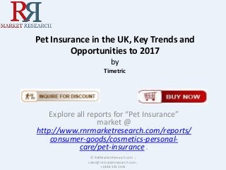 Pet Insurance in the UK, Key Trends and
Opportunities to 2017
by
Timetric
Explore all reports for “Pet Insurance”
market @
http://www.rnrmarketresearch.com/reports/
consumer-goods/cosmetics-personal-
care/pet-insurance .
© RnRMarketResearch.com ;
sales@rnrmarketresearch.com ;
+1 888 391 5441
 