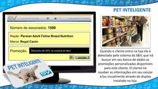 Número de associados: 1500
Promoção:
Ração: Persian Adult Feline Breed Nutrition
Marca: Royal Canin
Desconto de 20% na compra do item
enviar
Quando o cliente entra na loja ele é
detectado pelo sistema da S&V, que irá
buscar em seu banco de dados as
promoções personalizadas disponíveis
para este cliente. O cliente irá
receber as informações em seu celular
e/ou visualmente através do display
instalado na loja.
PET INTELIGENTE
 
