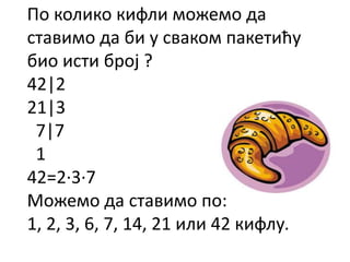 По колико кифли можемо да
ставимо да би у сваком пакетићу
био исти број ?
42|2
21|3
7|7
1
42=2∙3∙7
Можемо да ставимо по:
1, 2, 3, 6, 7, 14, 21 или 42 кифлу.
 