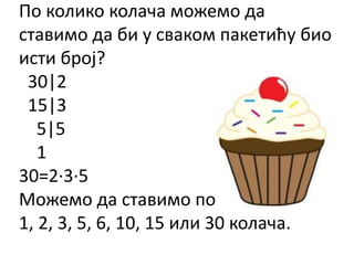По колико колача можемо да
ставимо да би у сваком пакетићу био
исти број?
30|2
15|3
5|5
1
30=2∙3∙5
Можемо да ставимо по:
1, 2, 3, 5, 6, 10, 15 или 30 колача.
 