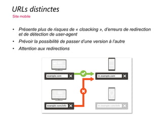 URLs distinctes
Site mobile
• Présente plus de risques de « cloacking », d’erreurs de redirection et de
détection de user-agent
• Prévoir la possibilité de passer d’une version à l’autre
• Attention aux redirections
 
