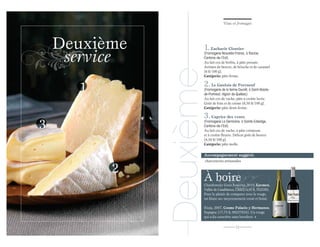 Vins et fromages
Vins et

Vins et fromages

1. Zacharie Cloutier

(Fromagerie Nouvelle France, à Racine,
Cantons-de-l’Est)
Au lait cru de brebis, à pâte pressée.
Arômes de beurre, de brioche et de caramel
(6 $/100 g).
Catégorie: pâte ferme.

Deuxième

Deuxième
service

2. Le Gaulois de Portneuf

1

(Fromagerie de la ferme Ducrêt, à Saint-Basilede-Portneuf, région de Québec)
Au lait cru de vache, pâte à croûte lavée.
Goût de foin et de crème (6,50 $/100 g).
Catégorie: pâte demi-ferme.

3. Caprice des vents

3

(Fromagerie La Germaine, à Sainte-Edwidge,
Cantons-de-l’Est)
Au lait cru de vache, à pâte crémeuse
et à croûte fleurie. Délicat goût de beurre
(4,50 $/100 g).
Catégorie: pâte molle.

Accompagnement suggéré:

2

charcuteries artisanales

À boire

Chardonnay Gran Reserva, 2010, Carmen,
Vallée de Casablanca, Chili (14,95 $, 552539).
Pour le plaisir de comparer avec le rouge,
un blanc sec moyennement corsé et boisé.
Rioja, 2007, Cosme Palacio y Hermanos,
Espagne (17,75 $, 00237834). Un rouge
qui a du caractère sans lourdeur. U
12

 