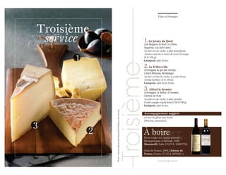 Vins et fromages

Vins et fromages

Troisième
service

1. Le Jersey du fjord

1

Troisième

(Les Bergeries du fjord, à La Baie,
Saguenay–Lac-Saint-Jean)
Au lait cru de vache, à pâte granuleuse.
Arômes marins et notes de zeste d’orange
(6 $/100 g).
Catégorie: pâte ferme.

2. Le D’Iberville

(Fromagerie Au gré des champs,
à Saint-Athanase, Montérégie)
Au lait cru bio de vache, à croûte lavée.
Arôme herbacé (5 $/100 g).
Catégorie: pâte demi-ferme.

3. Alfred le fermier

3

2

Photo: Transcontinental Interactif (Château de Francs).

(Fromagerie La Station, à Compton,
Cantons-de-l’Est)
Au lait cru de vache, à pâte pressée.
Croûte orangée et goût boisé (5,50 $/100 g).
Catégorie: pâte ferme.

Accompagnement suggéré:
terrine de gibier aux fruits
(abricots, pruneaux)

À boire

Deux rouges aux tanins arrondis.
Montepulciano d’Abruzzo, 2009,
Masciarelli, Italie (15,25 $, 10863774).
Côtes de Francs, 2006, Château de
Francs, France (17,55 $, 967943). U
14

 