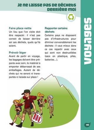 VOYAGES
105
Faire place nette
Un lieu que l’on visite doit
être respecté : il n’est pas
correct de laisser derrière
soi ses déchets, quels qu’ils
soient.
Prévoir léger
Avant de partir en voyage,
les bagages doivent être pré-
parés avec soin, le matériel à
emporter débarrassé de ses
emballages. Autant de dé-
chets qui ne seront ni trans-
portés ni laissés sur place !
Rapporter certains
déchets
Certains pays ne disposent
pas d’infrastructures pour
éliminer convenablement les
déchets : il vaut mieux dans
ce cas repartir avec ceux
qui sont non destructibles
(sacs en plastique, piles,
batteries…).
Jenelaissepasdedéchets
derrièremoi
 