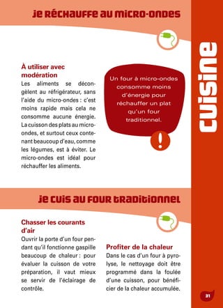 CUISINE
31
Jecuisaufourtraditionnel
Jeréchauffeaumicro-ondes
Chasser les courants
d’air
Ouvrir la porte d’un four pen-
dant qu’il fonctionne gaspille
beaucoup de chaleur : pour
évaluer la cuisson de votre
préparation, il vaut mieux
se servir de l’éclairage de
contrôle.
Profiter de la chaleur
Dans le cas d’un four à pyro-
lyse, le nettoyage doit être
programmé dans la foulée
d’une cuisson, pour bénéfi-
cier de la chaleur accumulée.
À utiliser avec
modération
Les aliments se décon-
gèlent au réfrigérateur, sans
l’aide du micro-ondes : c’est
moins rapide mais cela ne
consomme aucune énergie.
La cuisson des plats au micro-
ondes, et surtout ceux conte-
nant beaucoup d’eau, comme
les légumes, est à éviter. Le
micro-ondes est idéal pour
réchauffer les aliments.
Un four à micro-ondes
consomme moins
d’énergie pour
réchauffer un plat
qu’un four
traditionnel.
 