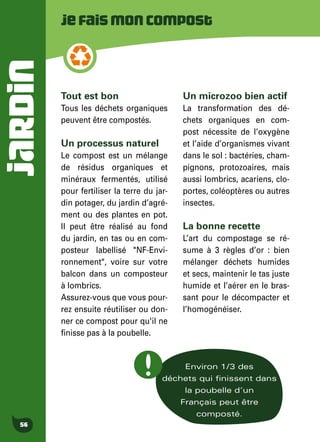 JARDIN
56
Jefaismoncompost
Tout est bon
Tous les déchets organiques
peuvent être compostés.
Un processus naturel
Le compost est un mélange
de résidus organiques et
minéraux fermentés, utilisé
pour fertiliser la terre du jar-
din potager, du jardin d’agré-
ment ou des plantes en pot.
Il peut être réalisé au fond
du jardin, en tas ou en com-
posteur labellisé "NF-Envi-
ronnement", voire sur votre
balcon dans un composteur
à lombrics.
Assurez-vous que vous pour-
rez ensuite réutiliser ou don-
ner ce compost pour qu'il ne
finisse pas à la poubelle.
Un microzoo bien actif
La transformation des dé-
chets organiques en com-
post nécessite de l’oxygène
et l’aide d’organismes vivant
dans le sol : bactéries, cham-
pignons, protozoaires, mais
aussi lombrics, acariens, clo-
portes, coléoptères ou autres
insectes.
La bonne recette
L’art du compostage se ré-
sume à 3 règles d’or : bien
mélanger déchets humides
et secs, maintenir le tas juste
humide et l’aérer en le bras-
sant pour le décompacter et
l’homogénéiser.
Environ 1/3 des
déchets qui finissent dans
la poubelle d’un
Français peut être
composté.
 