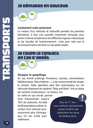 TRANSPORTS
70
Jedémarreendouceur
Sur le 1er
km,
une voiture consomme
jusqu'à 45 % de
carburant en plus
et pollue plus.
Lentement mais sûrement
Le moteur d’un véhicule se réchauffe pendant les premiers
kilomètres. Il faut une quantité importante d’énergie pour
porter à bonne température les différents organes mécaniques
et les liquides de fonctionnement : c’est pour cela que la
surconsommation est forte sur les petits trajets.
Stopper le gaspillage
En cas d'arrêt prolongé (livraisons, courses, conversations
téléphoniques, files d'attente…), il est recommandé de couper
le contact. Cette opération peut être automatique sur les
véhicules disposant du système "Stop and Start", mis en place
par certains constructeurs : le moteur, mis
en veille en cas d’arrêt, permet
ainsi d'économiser jusqu’à
10 % de carburant. Au-delà
de20secondesauralenti,le
moteur d’un véhicule aura
consommé plus d’énergie
que s’il est arrêté puis
redémarré.
Jecoupelecontact
encasd’arrêt
 