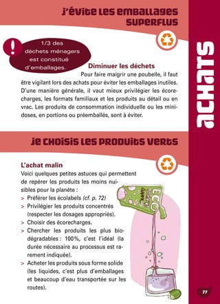 ACHATS
77
L’achat malin
Voici quelques petites astuces qui permettent
de repérer les produits les moins nui-
sibles pour la planète :
>	 Préférer les écolabels (cf. p. 72)
>	 Privilégier les produits concentrés
(respecter les dosages appropriés).
>	 Choisir des écorecharges.
>	Chercher les produits les plus bio-
dégradables : 100 %, c’est l’idéal (la
durée nécessaire au processus est ra-
rement indiquée).
>	 Acheter les produits sous forme solide
(les liquides, c’est plus d’emballages
et beaucoup d’eau transportée sur les
routes).
J’évitelesemballages
superflus
Diminuer les déchets
Pour faire maigrir une poubelle, il faut
être vigilant lors des achats pour éviter les emballages inutiles.
D’une manière générale, il vaut mieux privilégier les écore-
charges, les formats familiaux et les produits au détail ou en
vrac. Les produits de consommation individuelle ou les mini-
doses, en portions ou préemballés, sont à éviter.
1/3 des
déchets ménagers
est constitué
d’emballages.
Jechoisislesproduitsverts
 