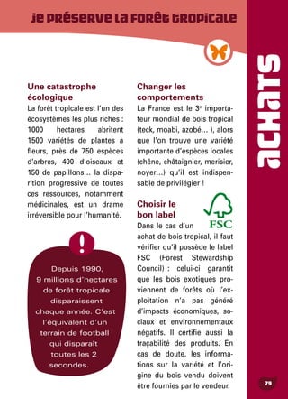ACHATS
79
Une catastrophe
écologique
La forêt tropicale est l’un des
écosystèmes les plus riches :
1 000 hectares abritent
1 500 variétés de plantes à
fleurs, près de 750 espèces
d’arbres, 400 d’oiseaux et
150 de papillons… la dispa-
rition progressive de toutes
ces ressources, notamment
médicinales, est un drame
irréversible pour l’humanité.
Changer les
comportements
La France est le 3e
importa-
teur mondial de bois tropical
(teck, moabi, azobé… ), alors
que l’on trouve une variété
importante d’espèces locales
(chêne, châtaignier, merisier,
noyer…) qu’il est indispen-
sable de privilégier !
Choisir le
bon label
Dans le cas d’un
achat de bois tropical, il faut
vérifier qu’il possède le label
FSC (Forest Stewardship
Council) : celui-ci garantit
que les bois exotiques pro-
viennent de forêts où l’ex-
ploitation n’a pas généré
d’impacts économiques, so-
ciaux et environnementaux
négatifs. Il certifie aussi la
traçabilité des produits. En
cas de doute, les informa-
tions sur la variété et l’ori-
gine du bois vendu doivent
être fournies par le vendeur.
Depuis 1990,
9 millions d’hectares
de forêt tropicale
disparaissent
chaque année. C’est
l’équivalent d’un
terrain de football
qui disparaît
toutes les 2
secondes.
Jepréservelaforêttropicale
 