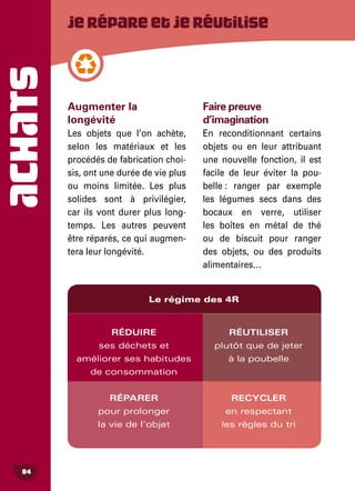 ACHATS
84
Jerépareetjeréutilise
Augmenter la
longévité
Les objets que l’on achète,
selon les matériaux et les
procédés de fabrication choi-
sis, ont une durée de vie plus
ou moins limitée. Les plus
solides sont à privilégier,
car ils vont durer plus long-
temps. Les autres peuvent
être réparés, ce qui augmen-
tera leur longévité.
Faire preuve
d’imagination
En reconditionnant certains
objets ou en leur attribuant
une nouvelle fonction, il est
facile de leur éviter la pou-
belle : ranger par exemple
les légumes secs dans des
bocaux en verre, utiliser
les boîtes en métal de thé
ou de biscuit pour ranger
des objets, ou des produits
alimentaires…
RÉUTILISER
plutôt que de jeter
à la poubelle
RECYCLER
en respectant
les règles du tri
RÉDUIRE
ses déchets et
améliorer ses habitudes
de consommation
RÉPARER
pour prolonger
la vie de l’objet
Le régime des 4R
 