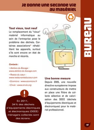 BUREAU
97
Une bonne mesure
Depuis 2005, une nouvelle
directive européenne impose
aux constructeurs de mettre
en place une filière de col-
lecte sélective et de valori-
sation des DEEE (déchets
d'équipements électriques et
électroniques) pour le maté-
riel professionnel.
En 2011,
34 % des déchets
d'équipements électriques
et électroniques (DEEE)
ménagers collectés sont
des écrans.
Jedonneunesecondevie
aumatériel
Tout vieux, tout neuf
Le remplacement du "vieux"
matériel informatique au
sein de l’entreprise pose le
problème des déchets. Cer-
taines associations* réhabi-
litent les appareils, surtout
s’ils sont encore en état de
marche et récents.
Contacts :
• Ateliers du Bocage :
www.ateliers-du-bocage.com
• Restos du cœur :
www.restaurantsducoeur.com
• Ecomicro : www.ecomicro.fr
• Envie : www.envie.org
 