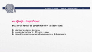I APPROCHE I CONCEPT I ANALYSE I CONCRETEMENT I
Les objectifs - Comportement
Installer un réflexe de consommation et susciter l’achat
En créant de la présence de marque
En générant du trafic sur les différents réseaux
En incluant le consommateur dans le développement de la campagne
 