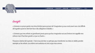 I APPROCHE I CONCEPT I ANALYSE I CONCRETEMENT I
L’insight
« J’aimerais ne jamais perdre mon âme d’enfant parce qu’avoir de l’imagination ça vous rend vivant mais c’est difficile
de la garder quand on doit faire face à des obligations d’adultes. »
« J’aimerais que mes enfants ne grandissent jamais parce que leur imagination est sans limite et me rappelle mon
enfance mais il faut bien grandir un jour ou l’autre. »
Puissance créatrice de la pensée : C’est à nous de rêver un petit peu pour transformer nos rêves en réalité, prendre
exemple sur les enfants. Les enfants sont audacieux et c’est ce que nous aimons.
 