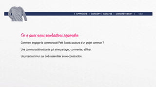 I APPROCHE I CONCEPT I ANALYSE I CONCRETEMENT I
Ce a quoi nous souhaitons repondre
Comment engager la communauté Petit Bateau autours d’un projet commun ?
Une communauté existante qui aime partager, commenter, et liker.
Un projet commun qui doit rassembler en co-construction.
 