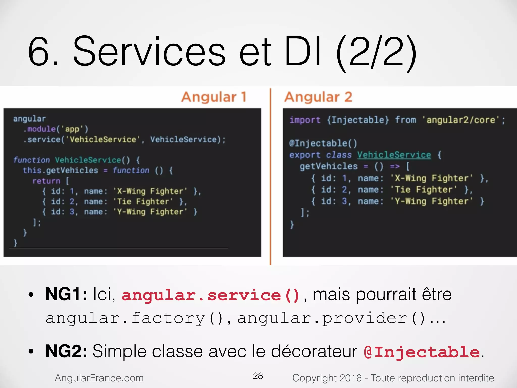 Copyright 2016 - Toute reproduction interditeAngularFrance.com 6. Services et DI (2/2) • NG1: Ici, angular.service(), mais pourrait être angular.factory(), angular.provider()… • NG2: Simple classe avec le décorateur @Injectable. 28 