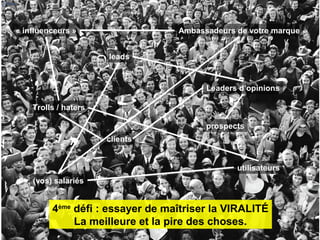 clients
prospects
leads
Ambassadeurs de votre marque
utilisateurs
« influenceurs »
Leaders d’opinions
(vos) salariés
Trolls / haters
9
4ème
défi : essayer de maîtriser la VIRALITÉ
La meilleure et la pire des choses.
 