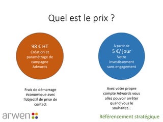 Quel est le prix ?
98 € HT
Création et
paramétrage de
campagne
Adwords
À partir de
5 €/ jour
Votre
investissement
sans engagement
Frais de démarrage
économique avec
l’objectif de prise de
contact
Avec votre propre
compte Adwords vous
allez pouvoir arrêter
quand vous le
souhaitez…
Référencement stratégique
 