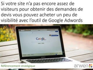 Si votre site n’a pas encore assez de
visiteurs pour obtenir des demandes de
devis vous pouvez acheter un peu de
visibilité avec l’outil de Google Adwords
Référencement stratégique
 