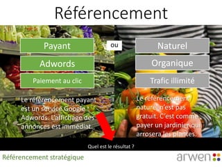 Référencement
ou
Organique
Payant
Le référencement
naturel n’est pas
gratuit. C’est comme
payer un jardinier qui
arrosera les plantes.
Le référencement payant
est un service Google
Adwords. L’affichage des
annonces est immédiat.
Naturel
Adwords
Paiement au clic Trafic illimité
Quel est le résultat ?
Référencement stratégique
 