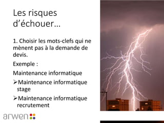 Les risques
d’échouer…
1. Choisir les mots-clefs qui ne
mènent pas à la demande de
devis.
Exemple :
Maintenance informatique
Maintenance informatique
stage
Maintenance informatique
recrutement
 