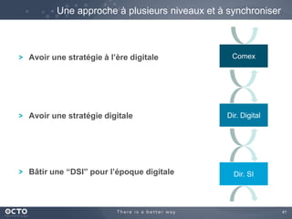 41
Dir. SI
Dir. Digital
ComexAvoir une stratégie à l’ère digitale
Avoir une stratégie digitale
Bâtir une “DSI” pour l’époque digitale
Une approche à plusieurs niveaux et à synchroniser
 