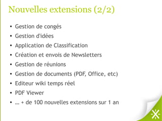 Nouvelles extensions (2/2)
●   Gestion de congés
●
    Gestion d'idées
●   Application de Classification
●   Création et envois de Newsletters
●   Gestion de réunions
●
    Gestion de documents (PDF, Office, etc)
●   Editeur wiki temps réel
●   PDF Viewer
●
    … + de 100 nouvelles extensions sur 1 an
 