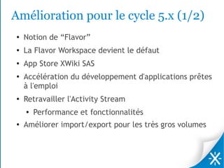 Amélioration pour le cycle 5.x (1/2)
●   Notion de “Flavor”
●
    La Flavor Workspace devient le défaut
●   App Store XWiki SAS
●   Accélération du développement d'applications prêtes
    à l'emploi
●
    Retravailler l'Activity Stream
    ●   Performance et fonctionnalités
●
    Améliorer import/export pour les très gros volumes
 