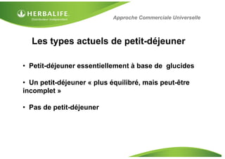 Les types actuels de petit-déjeuner
• Petit-déjeuner essentiellement à base de glucides
• Un petit-déjeuner « plus équilibré, mais peut-être
incomplet »
• Pas de petit-déjeuner
Approche Commerciale Universelle
 