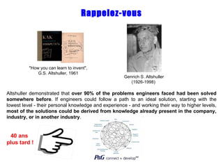 Rappelez-vous Altshuller demonstrated that  over 90% of the problems engineers faced had been solved somewhere before . If engineers could follow a path to an ideal solution, starting with the lowest level - their personal knowledge and experience - and working their way to higher levels,  most of the solutions could be derived from knowledge already present in the company, industry, or in another industry .  40 ans  plus tard ! Genrich S. Altshuller (1926-1998)  "How you can learn to invent",  G.S. Altshuller, 1961  