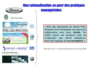 « 60% des répondants de l’étude PWC déclarent avoir développé une approche collaborative avec leurs  clients . Ce chiffre traduit une tendance forte de l’implication des clients utilisateurs, dans des logiques de  co-conception  ». Etude PWC, avril  2010  «  Innovation et performance, Où en est votre R&D  ?  Une rationalisation  ex-post  des pratiques managériales 