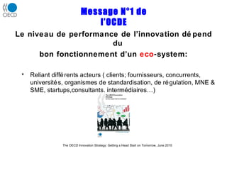 Message N°1 de l’OCDE Le niveau de performance de l’innovation dépend du bon fonctionnement d’un  eco -system: Reliant différents acteurs ( clients; fournisseurs, concurrents, universités, organismes de standardisation, de régulation,  MNE & SME, startups,consultants, intermédiaires…) The OECD Innovation Strategy: Getting a Head Start on Tomorrow, June 2010 