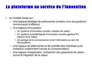 La plateforme au service de l’innovation Un modèle fondé sur : Une logique/stratégie de partenariats (création d’un écosystème/communauté d’affaires) Une logique d’incubation: Un système d’innovation ouverte: création de valeur Un système contrôlé/régulé d’innovation ouverte (gestion IP): capture de la valeur Un partage de la connaissance et de l’information au sein de l’écosystème Une logique de plate-forme et de contrôle des interfaces avec l’extérieur (notamment l’accès au consommateur) Une logique d’exploration: rechercher des gisements de valeur, suivre la migration de la valeur 