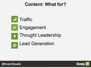 Content: What for?
Traffic
Engagement
Thought Leadership
Lead Generation
@marcfuseki
 