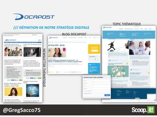 @GregSacco75
/// DÉFINITION DE NOTRE STRATÉGIE DIGITALE
LEAD GEN
TOPIC THÉMATIQUE
NEWSLETTERTHÉMATIQUE
BLOG DOCAPOST
 