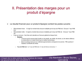 11
L’impact de la data science dans l’analyse de marge
Les gouvernances dans solvabilité II
Lily Abenhaim / Bruno Seznec
14/01/2016
II. Présentation des marges pour un
produit d’épargne
 Le résultat financier pour un produit d’épargne contient les postes suivants :
 + Rémunération brute (correspond aux produits financiers nets de frais financiers)
 - Rémunération nette (correspond à la rémunération versée à l’assuré)
 = Frais sur encours (correspond à la différence entre la rémunération brute et la rémunération nette)
Résultat financier
 