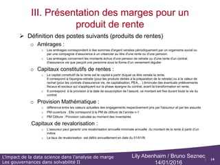 14
L’impact de la data science dans l’analyse de marge
Les gouvernances dans solvabilité II
Lily Abenhaim / Bruno Seznec
14/01/2016
III. Présentation des marges pour un
produit de rente
 Le résultat technique pour un produit de rente contient les postes suivants
(produits de rentes)
 - Arrérages
 + Primes
 + Provision Mathématique ouverture
 - Provision Mathématique clôture
 + Frais sur arrérage
 - Capitaux constitutifs de rentes
 - Capitaux de revalorisation
Résultat technique de rentes
 