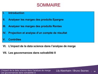 30
L’impact de la data science dans l’analyse de marge
Les gouvernances dans solvabilité II
Lily Abenhaim / Bruno Seznec
14/01/2016
o Le tableau suivant présente des exemples de contrôles de cohérence qualitatifs
V : Les contrôles dans l’analyse de marges
Poste contrôles
Taux de frais Valider en fonction des CG / CP des taux de frais sur prime /
prestations / frais sur encours
Taux financiers Validation du taux de PAB
Validation des taux de produits financiers
Pour les rentes Valider les ratios suivants :
Ratio (Résultat technique / Provision mathématique au
dernier jour)
Ratio (Capitaux de revalorisation/Provision Mathématique
au 1er jour)
Ratio ( Provision mathématique au dernier jour/ arrérages) :
qui correspond au ax)
Produits d’épargne Valider que le RT = 0
Valider la PM de clôture par enroulement
Taux PAB Valider que le Taux de PAB brut > taux de PAB net
 