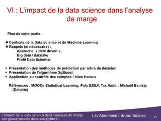 31
L’impact de la data science dans l’analyse de marge
Les gouvernances dans solvabilité II
Lily Abenhaim / Bruno Seznec
SOMMAIRE
I. Introduction
II. Analyser les marges des produits Epargne
III. Analyser les marges des produits Rentes
IV. Projection et analyse d’un compte de résultat
V. Contrôles
VI. L’impact de la data science dans l’analyse de marge
VII. Les gouvernances dans solvabilité II
 