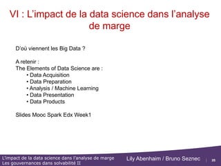 35
L’impact de la data science dans l’analyse de marge
Les gouvernances dans solvabilité II
Lily Abenhaim / Bruno Seznec
VI : L’impact de la data science dans l’analyse
de marge
Motivations : cas d’utilisations (période « moderne » / Big Data)
•Reconnaissance d’images (FB);
•Traduction de texte automatique (Google);
•Reconnaissance de la parole.
 