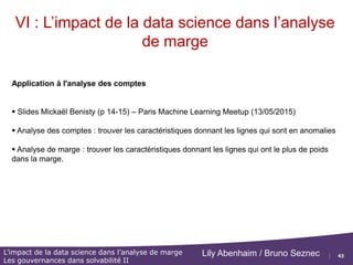 43
L’impact de la data science dans l’analyse de marge
Les gouvernances dans solvabilité II
Lily Abenhaim / Bruno Seznec
VI : L’impact de la data science dans l’analyse
de marge
Decision trees are simple and interpretable models for
regression Points clés pour les méthodes d’arbres de décision
•Ce sont des modèles simples pour la classification et la régression;
•Cependant ils sont souvent peu compétitifs avec d’autres méthodes en ce qui concerne la
précision;
•Le bagging, les algos de Random Forest et de Boosting sont des méthodes qui améliorent la
précision de la méthode d’arbre de décision;
• Leur principes est de faire croitre plusieurs arbres de décision sur les données
d’entrainement et de combiner les prédictions;
•Les arbres de décisions sont facilement interprétables, par contre les RF et le Boosting sont
plus complexes à interpréter.
 